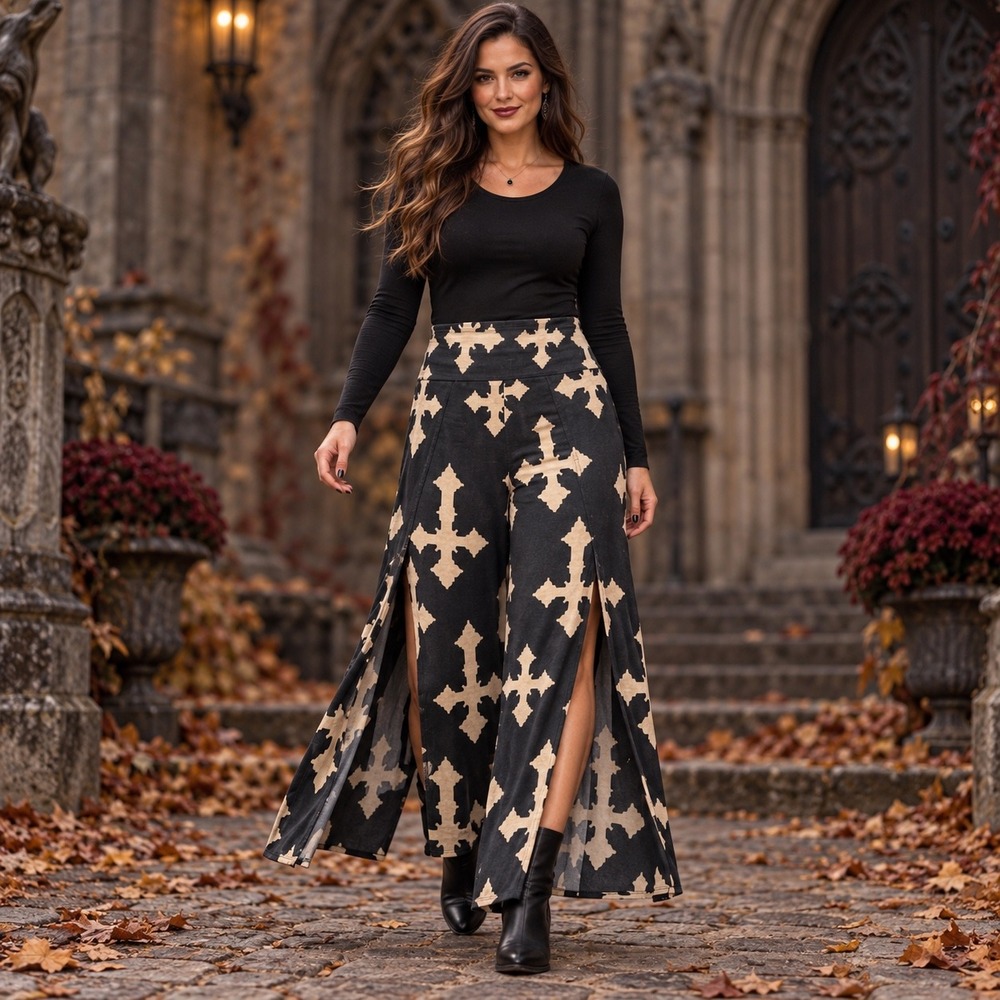 Vocal Womens Black Beige Cross Print Wide Leg Slit Palazzo Pants Medium 23483P